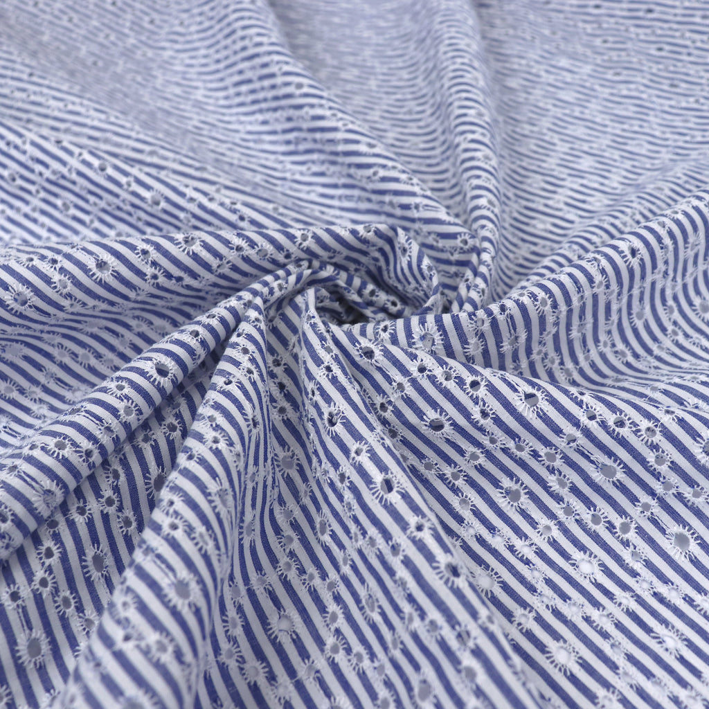 Cotton Lawn Embroidered Circles On Yarn Dyed Blue Stripe Sew Me