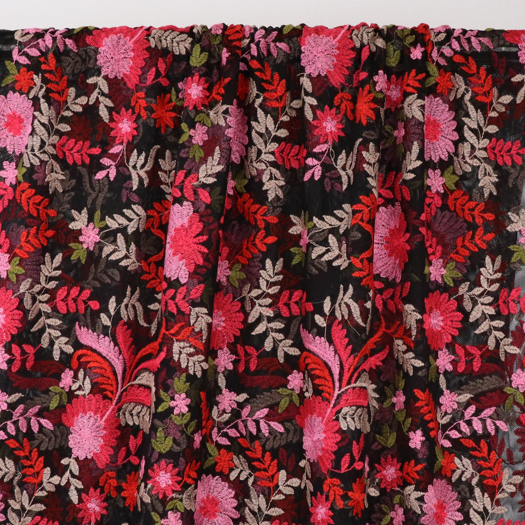 Embroidered Mesh - Pink + Red Flowers - SALE