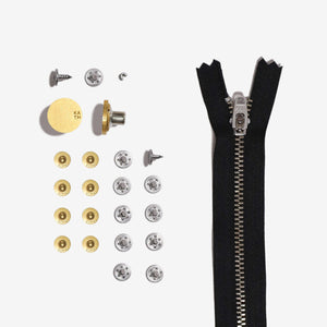 Jeans Hardware Refill Kit - Black Zipper 19cm & Matte Gold Hardware - Kylie and the Machine