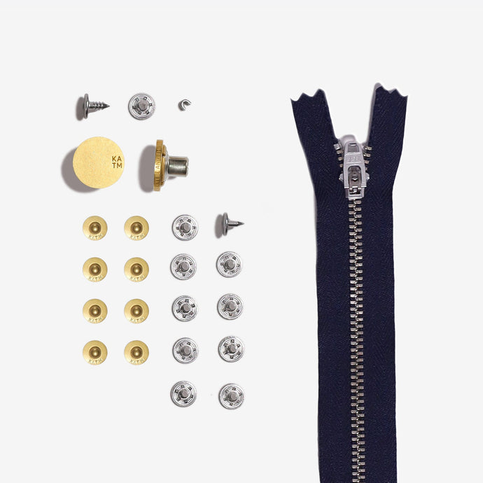 Jeans Hardware Refill Kit - Navy Zipper 19cm & Matte Gold Hardware - Kylie and the Machine