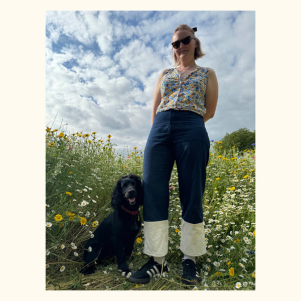 Anna Allen Helene Jeans x Loewe Fisherman Jeans in Dark Blue Washed Non Stretch Denim 8oz and Off-White Ventana Cotton Twill.