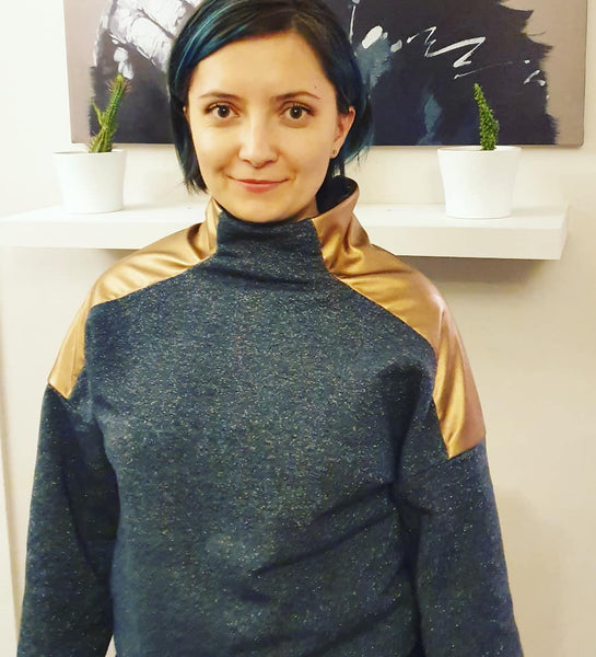 Meet Sewing Sunshine's January Winner Geo and her Burda 116 01 2020 sparkly sweater