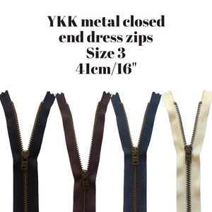 YKK Closed End Metal Zip - 16" / 41cm - Size 3 Dress + Skirt Zip - Antique Brass