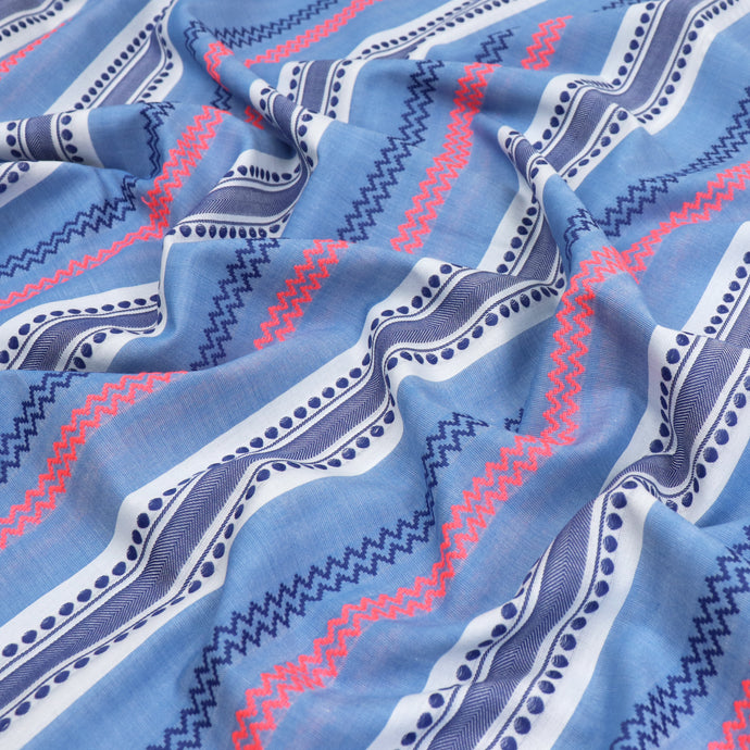 Cotton Blend Chambray - Embroidered Neon Geometric Stripe