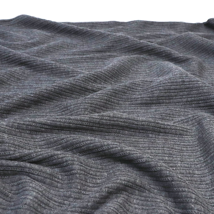 Cotton Blend Ribbed Cable Jersey Knit - Dark Grey Melange - END OF BOLT 206cm