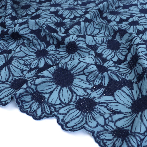 Cotton Broderie Anglaise - Sunflowers - Blue