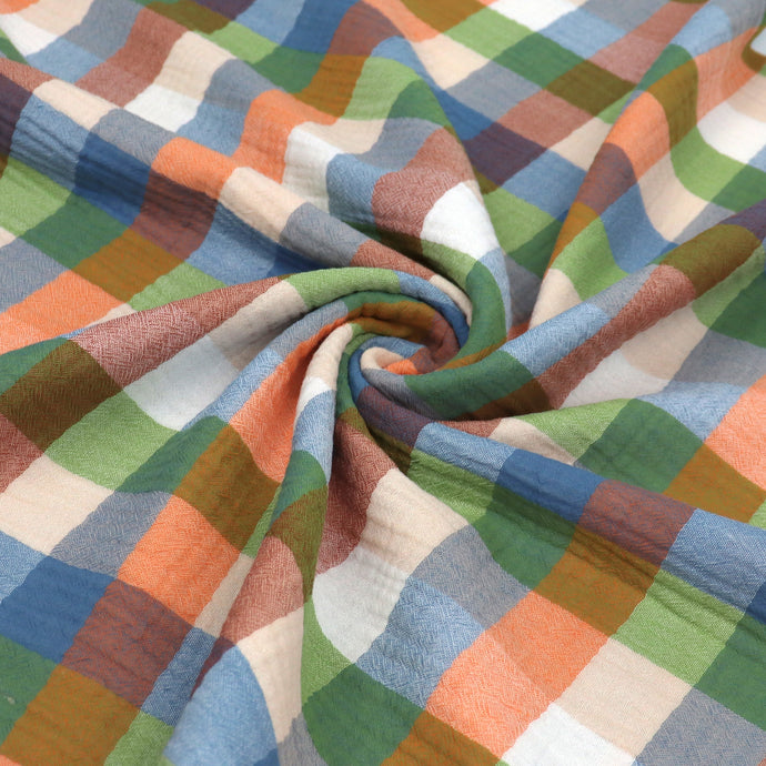 Cotton Double Gauze - Check - Green, Blue + Orange - SALE