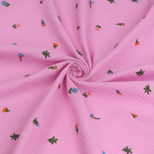Cotton Double Gauze - Embroidered Rose Pink Posy