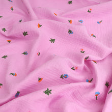 Cotton Double Gauze - Embroidered Rose Pink Posy