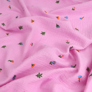 Cotton Double Gauze - Embroidered Rose Pink Posy
