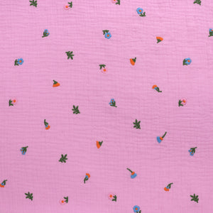 Cotton Double Gauze - Embroidered Rose Pink Posy