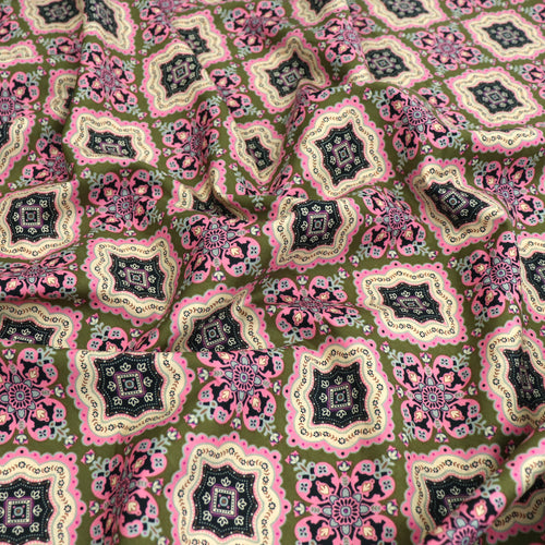 Cotton Lawn - Pink + Green Tiles