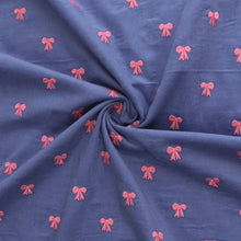 Cotton Needlecord - Embroidered Bows - Blue