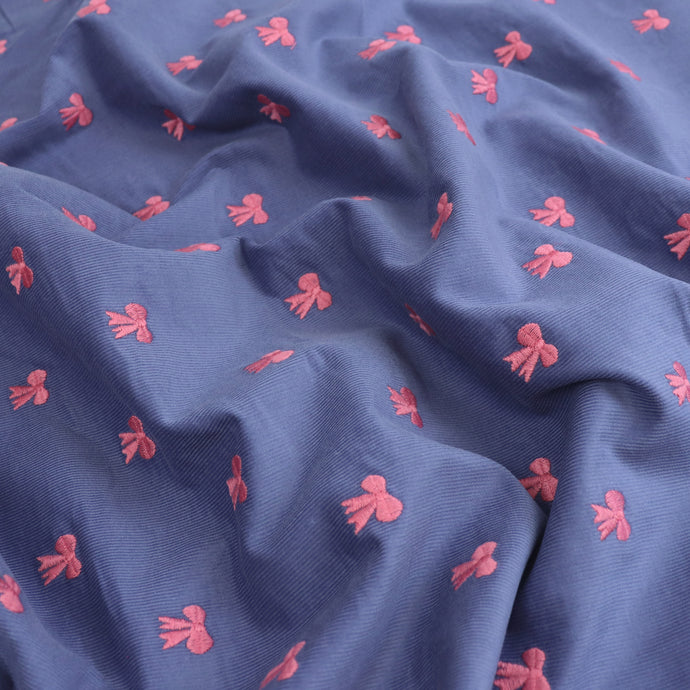 Cotton Needlecord - Embroidered Bows - Blue