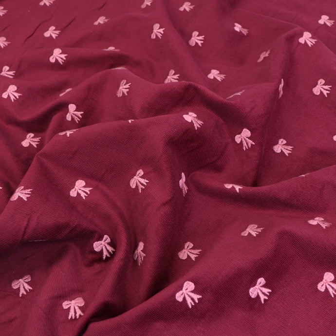 Cotton Needlecord - Embroidered Bows - Burgundy