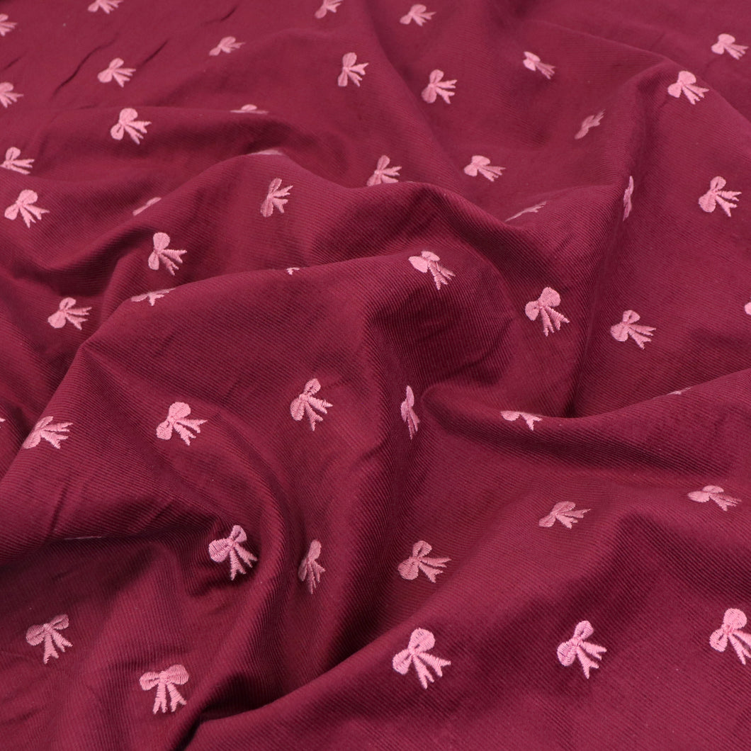 Cotton Needlecord - Embroidered Bows - Burgundy