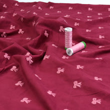 Cotton Needlecord - Embroidered Bows - Burgundy