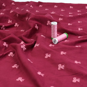 Cotton Needlecord - Embroidered Bows - Burgundy