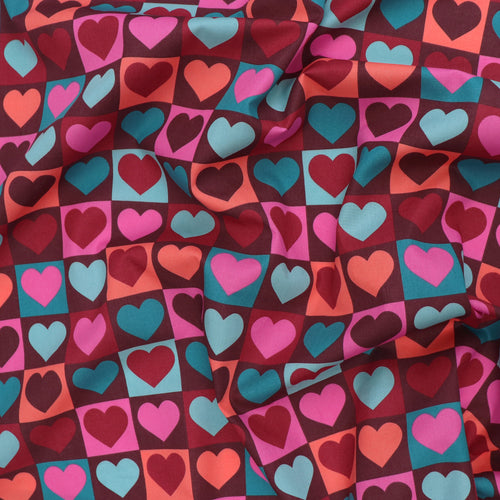 Cotton Poplin - Checkerboard Hearts - Burgundy Red