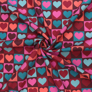 Cotton Poplin - Checkerboard Hearts - Burgundy Red