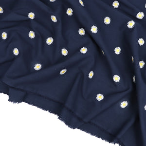 Cotton Poplin - Embroidered Daisies - Navy