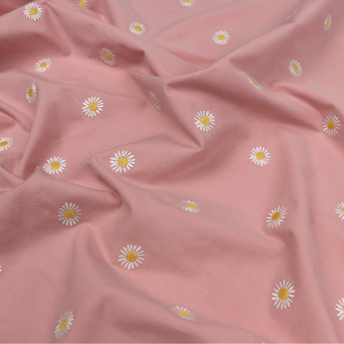 Cotton Poplin - Embroidered Daisies - Pink