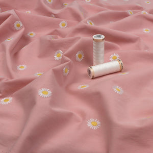 Cotton Poplin - Embroidered Daisies - Pink