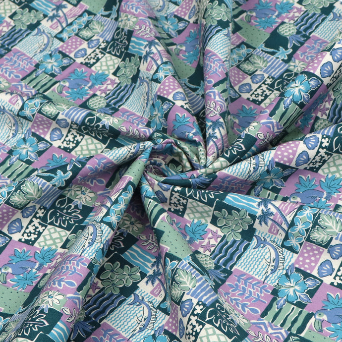 Cotton Poplin - Sevenberry Island Paradise - Purple + Green