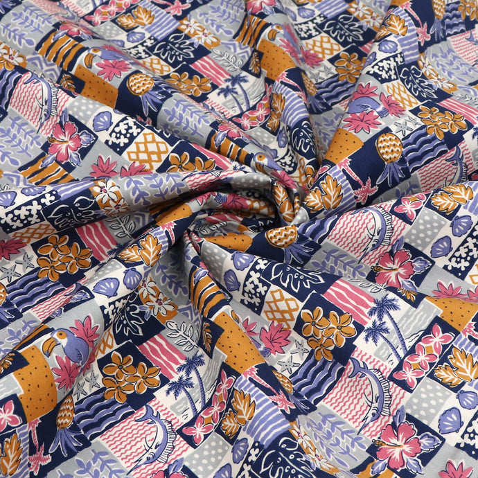 Cotton Poplin - Sevenberry Island Paradise - Yellow + Pink