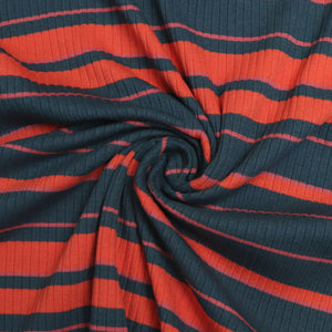 Cotton Ribbed Jersey Knit - Petrol + Orange Stripe