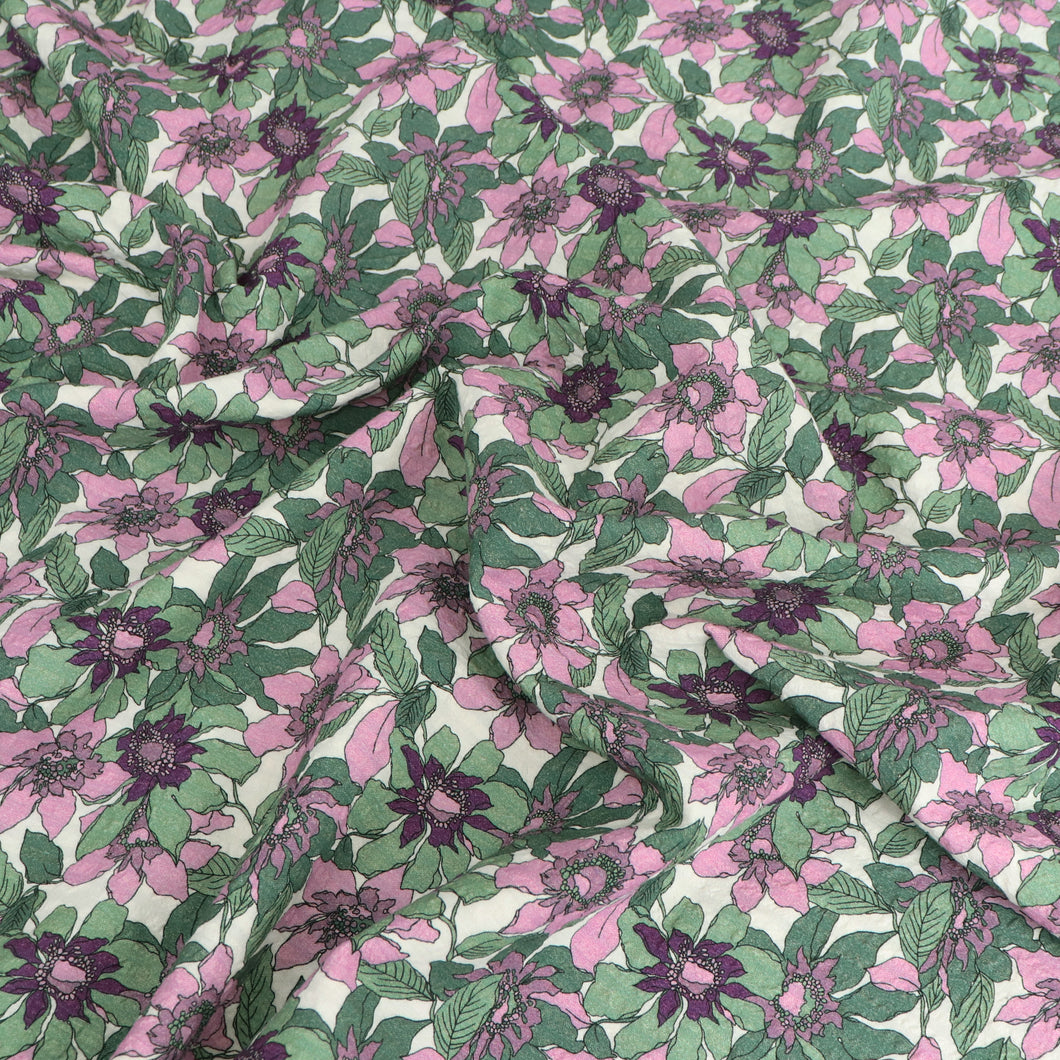 Cotton Seersucker - Vintage Blossom - Green + Purple