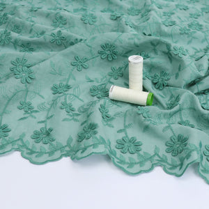 Cotton Voile - Embroidered 3D Flower - Ivy Green
