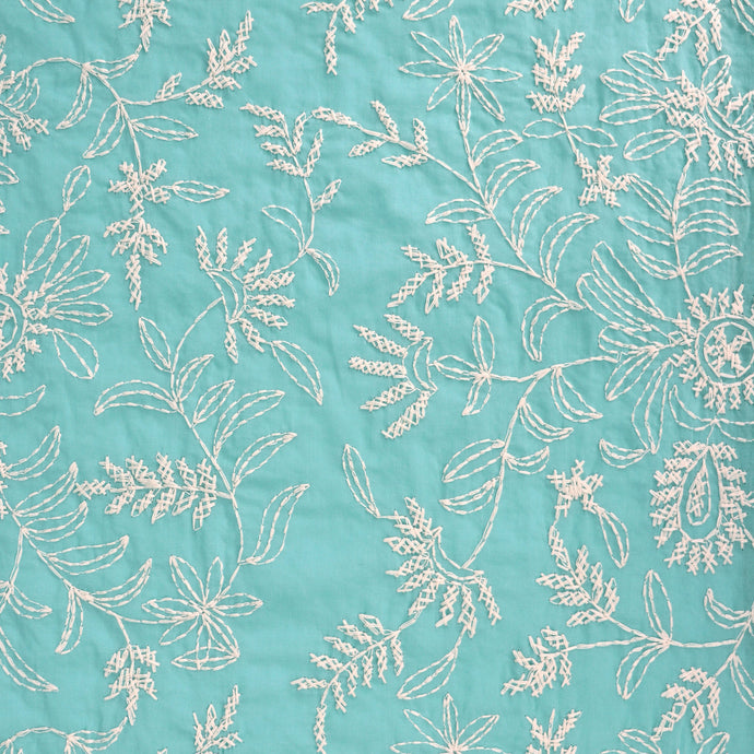 Cotton Voile - Embroidered Cross Stitch Floral - Light Turquoise - END OF BOLT 65cm