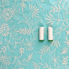 Cotton Voile - Embroidered Cross Stitch Floral - Light Turquoise