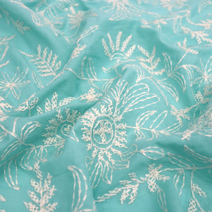 Cotton Voile - Embroidered Cross Stitch Floral - Light Turquoise - END OF BOLT 65cm
