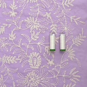 Cotton Voile - Embroidered Cross Stitch Floral - Lilac Purple