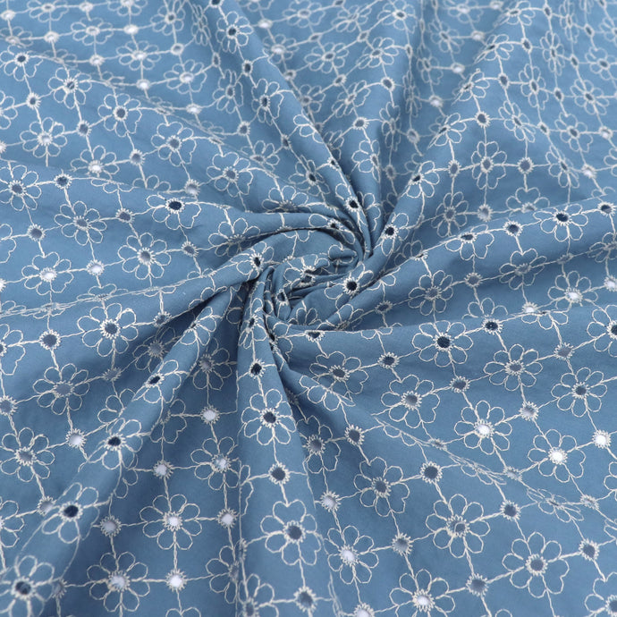 Cotton Voile - Embroidered Floral Diamond - Blue