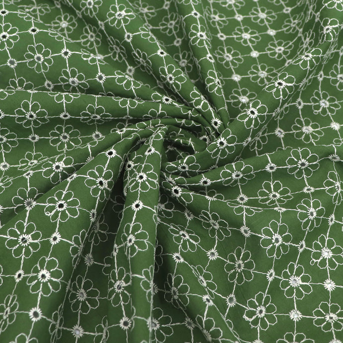Cotton Voile - Embroidered Floral Diamond - Green - END OF BOLT 80cm