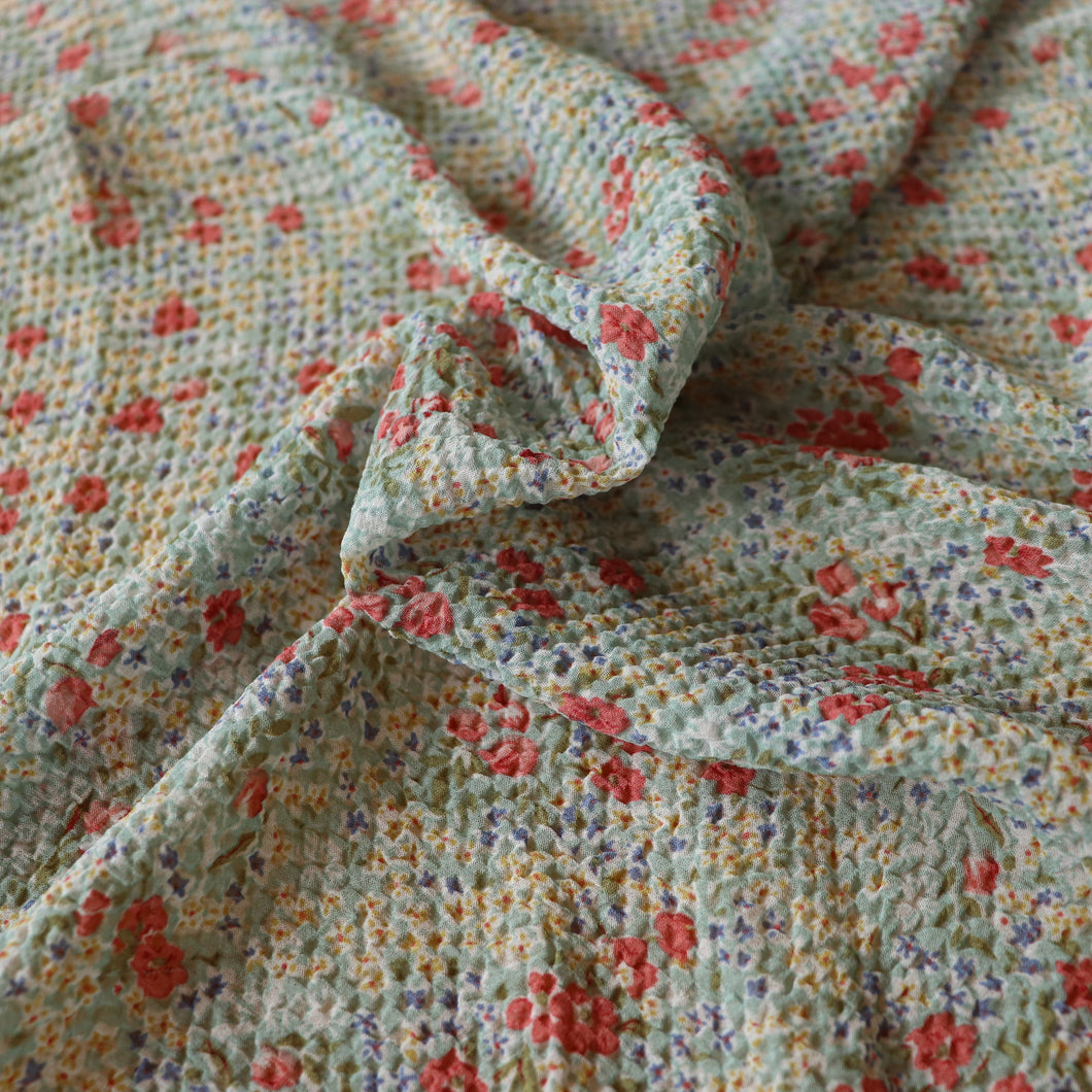 Crinkle Chiffon - Country Garden - Turquoise & Coral - END OF BOLT 166cm