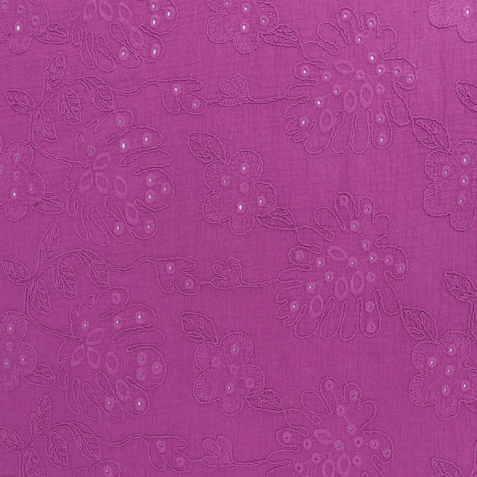 Deadstock Cotton Double Gauze - Embroidered Botanicals - Orchid Pink