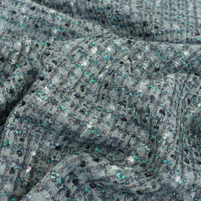 Deadstock Wool + Mohair Tweed Coating - Metallic Seafoam Check - END OF BOLT 53cm