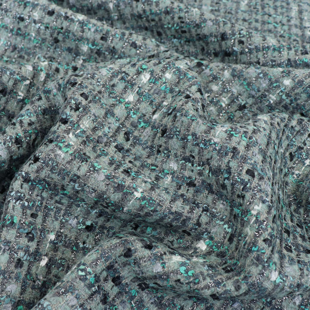 Deadstock Wool + Mohair Tweed Coating - Metallic Seafoam Check - END OF BOLT 53cm