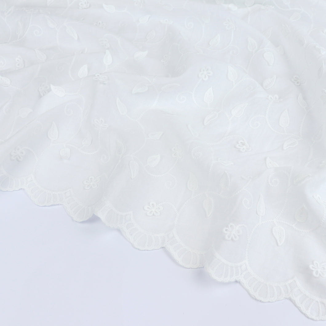 Embroidered Cotton Voile - Climbing Flowers With Scallop Border