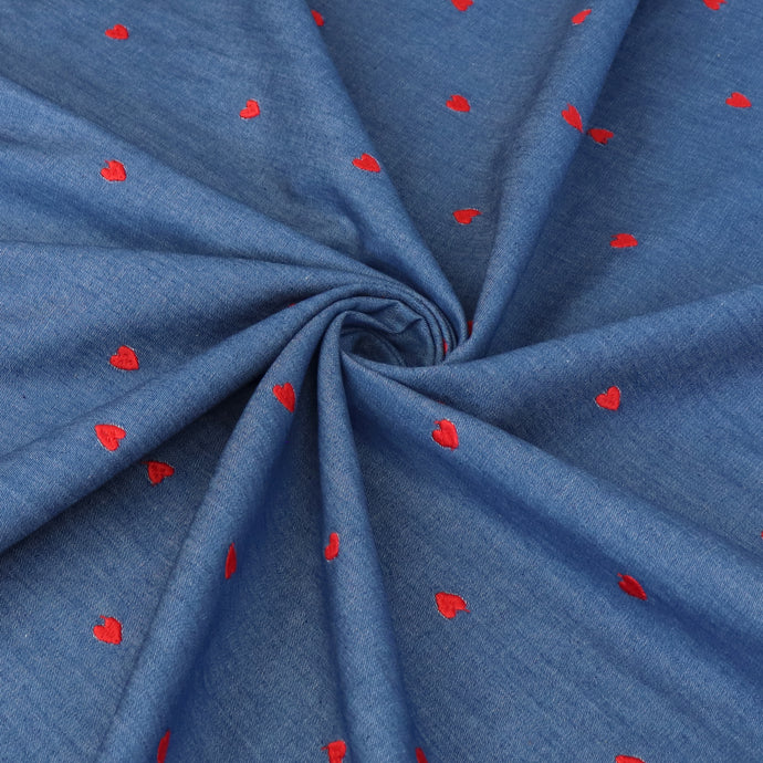 Embroidered Denim Chambray - Red Hearts