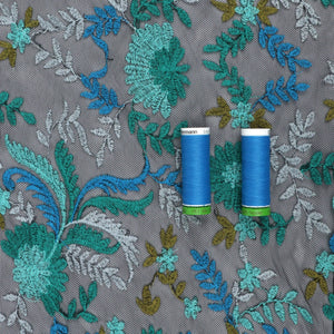 Embroidered Mesh - Green + Blue Flowers - SALE