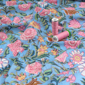 Indian Hand Block Print Cotton Fabric - Garden - Blue