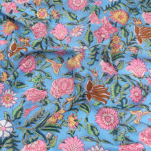 Indian Hand Block Print Cotton Fabric - Garden - Blue