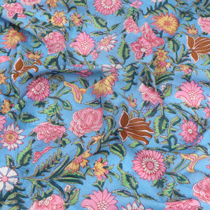 Indian Hand Block Print Cotton Fabric - Garden - Blue