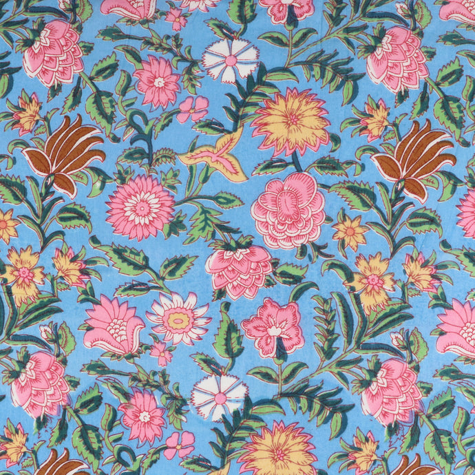 Indian Hand Block Print Cotton Fabric - Garden - Blue