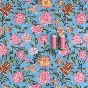 Indian Hand Block Print Cotton Fabric - Garden - Blue